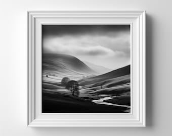 May include: A black and white photograph of a valley with a river winding through it. The valley is surrounded by rolling hills and the sky is cloudy. A single tree stands out in the middle of the valley.