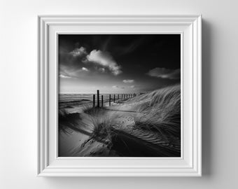 Camber Sands Coast Beach, impression d'art paysage noir et blanc de Camber Sands