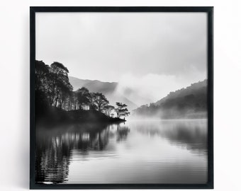 Lake Windermere Seenplatte Schwarz-Weiß Fine Art Landschaftsdruck des Lake Distrikt National Park ohne Rahmen