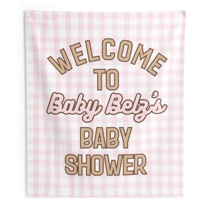 Fondo de fotografía de bebé de cuadros rosas personalizado, fondo de bandera de baby shower con temática de niña, tapiz de pared a cuadros, fotomatón espolvoreado