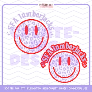 以下が含まれることがあります： レトロなフォントで「SFA lumberjacks」というテキストが入った、赤と白のスマイリーフェイスのデザインが2つあります。