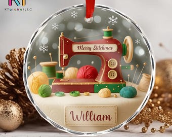 May include: A clear, round Christmas ornament featuring a red sewing machine with the text "Merry Stitchmas." The ornament includes spools of thread, yarn, and a pin cushion. The name "William" is displayed on the bottom.