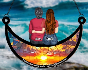 Personalized Mom and Daughter on the Moon Suncatcher, Custom Suncatcher for Mother's Day, Mom Birthday Gift, Grandma Gifts, Family Keepsake
