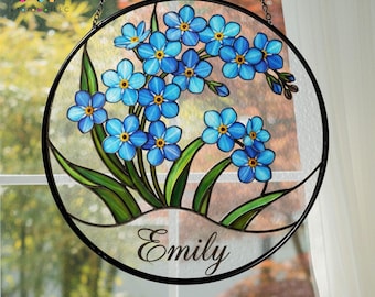 Blue Flower Stained Glass Suncatcher, Memorial Sympathy Gift, Floral Suncatcher Gift for Friend