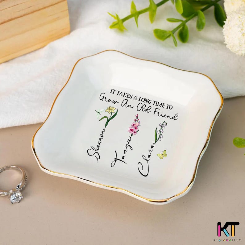 Custom Floral Trinket Dish – Birth Flower Jewelry Tray, Wedding & Bridesmaid Gift