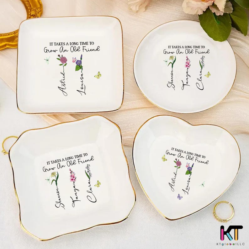 Personalized Birth Flower Trinket Dish – Custom Jewelry Holder, Birthday Gift for Her