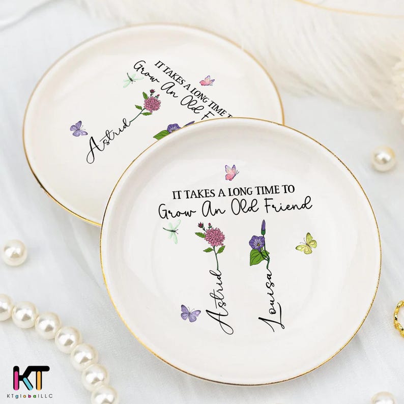 Custom Birth Flower Ring Dish – Watercolor Jewelry Tray, Bridesmaid or Best Friend Gift