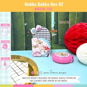 Puede incluir: Un archivo digital para un proyecto de manualidades de caja Hubba Bubba. La caja está decorada con un tema caprichoso de Alicia en el País de las Maravillas, con un patrón a cuadros, mariposas y un personaje de la historia. El archivo está disponible para descarga instantánea.