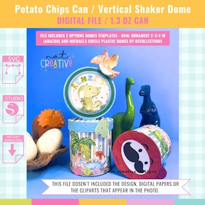 May include: A digital file for a 1.3 ounce potato chip can with a vertical shaker dome. The design features a dinosaur theme with a green, blue, and yellow color scheme. The file includes two dome templates: an oval ornament and a circle dome.