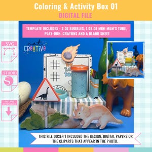 May include: A digital file for a dinosaur-themed coloring and activity box. The image features a dinosaur crossing sign, a container, and a dinosaur figurine. Text on the image includes "Coloring & Activity Box 01 DIGITAL FILE" and "TEMPLATE INCLUDES - 57 ml BUBBLES, 30.5 g MINI M&M'S TUBE, PLAY-DOH, CRAYONS AND A BLANK SHEET."