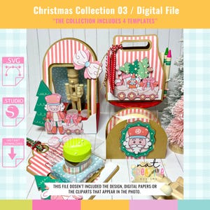Puede incluir: Colección de archivos digitales con temática navideña. La imagen muestra varias plantillas de manualidades en papel, incluyendo un cascanueces, un tren con Papá Noel y una cara de Papá Noel. El texto en la imagen dice "Christmas Collection 03 / Digital File" y "THE COLLECTION INCLUDES 4 TEMPLATES."