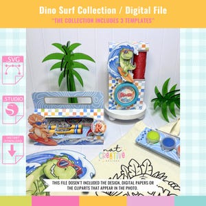 May include: A collection of digital templates with a dinosaur surfing theme. The image includes a box with crayons, a decorative stand with a dinosaur on a surfboard, and a tote bag. Text on the image includes "Dino Surf Collection" and "The collection includes 3 templates."