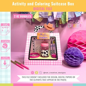 May include: A pink and white gingham activity and coloring suitcase box digital file featuring a cow print handle, a brown cowboy hat cutout, and a sign reading Mila Farm. The box contains a bubble container, crayons, and a small pink dish.
