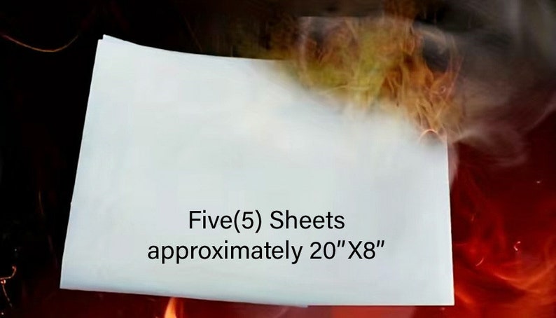 May include: Five (5) sheets of white paper, approximately 20 inches by 8 inches, are on fire. The paper is burning and there is smoke coming from it.