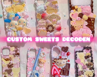 May include: Seven phone cases decorated with whipped cream texture and miniature charms including bears, strawberries, chocolate bars, cookies, and hearts. The text CUSTOM SWEETS DECODEN is displayed in white letters across the center of the image.