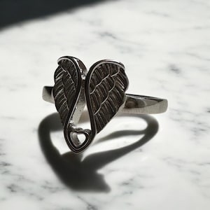 Sterling Silver Angel Wings Ring Heart Embrace Ring Guardian Angel Jewelry Dainty Silver Spiritual Ring Gift for Her