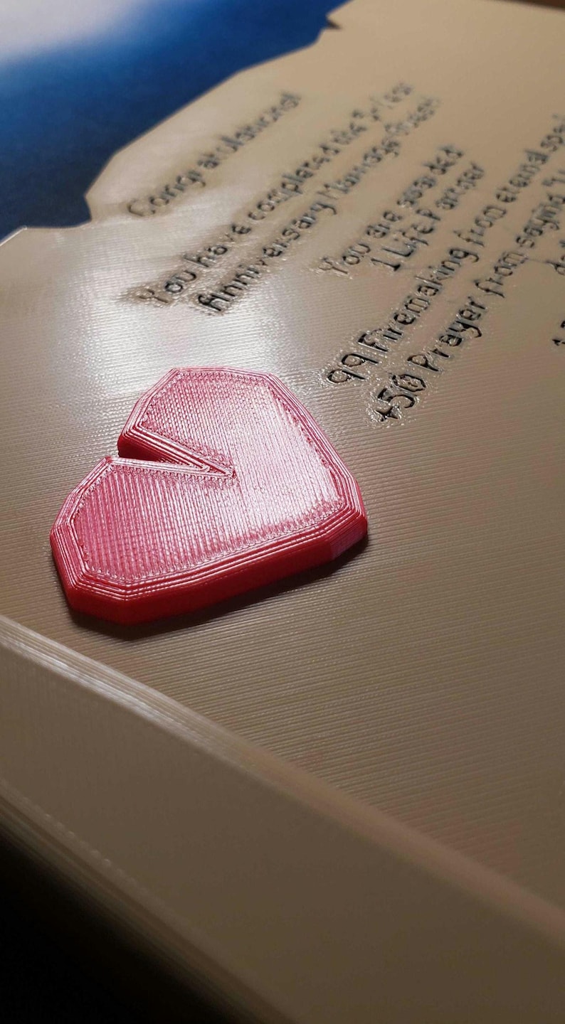 Op de afbeelding: Een rood, hartvormig object met een ontbrekend deel, rustend op een beige oppervlak. Het object heeft een getextureerd uiterlijk. Tekst is zichtbaar op de achtergrond, waaronder de woorden "Congratulations" en "Anniversary Manager."