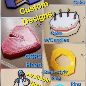 Op de afbeelding: Afbeelding met diverse aangepaste ontwerpen: een paarse verjaardagstaart, een gewone taart, een taart met kaarsen, een rood hart, een gele ring in bandstijl, een ring met een blauwe edelsteen en een blauw-wit karakter genaamd "Sassy Shush Emote".