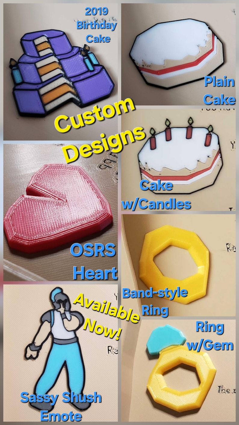Op de afbeelding: Afbeelding met diverse aangepaste ontwerpen: een paarse verjaardagstaart, een gewone taart, een taart met kaarsen, een rood hart, een gele ring in bandstijl, een ring met een blauwe edelsteen en een blauw-wit karakter genaamd "Sassy Shush Emote".