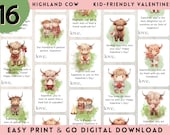 Kids classroom valentines, printable cards, highland cow, classroom cards, valentine favors, farm theme, digital download, watercolor