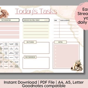 Può includere: Un planner giornaliero stampabile con uno sfondo in marmo rosa e marrone. Il planner include sezioni per le priorità principali, come ti senti oggi, l'ora, i compiti e gli eventi, da fare al più presto, per domani e note. Il planner include anche una simpatica illustrazione di una tazza di caffè e un libro.