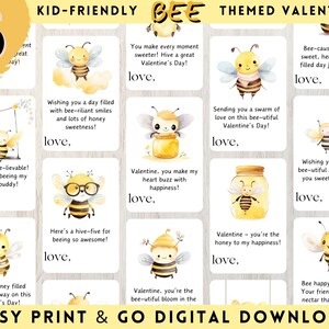 Peut inclure: Un ensemble de 16 cartes de Saint-Valentin imprimables mettant en scène de jolies abeilles de dessin animé avec différents messages. Les cartes sont conçues pour les enfants et ont un thème sur les abeilles. Le texte sur les cartes comprend des phrases comme "abeille-belle", "miel" et "copain bourdonnant".