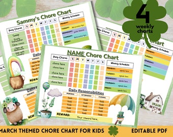 Gráfico de tareas editables para niños / Gráfico de responsabilidad de marzo / pdf imprimible / Lista de verificación de rutina diaria para niños / Personalizable / Paquete de gráficos de tareas