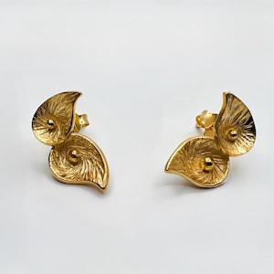 22k Gold Plated Leaf Earrings, Handcrafted Sterling Silver Studs