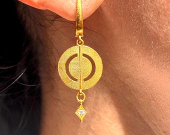 Textured Gold Vermeil Disc Earrings, Sterling Silver Dainty Drop, Cubic Zirconia Accent