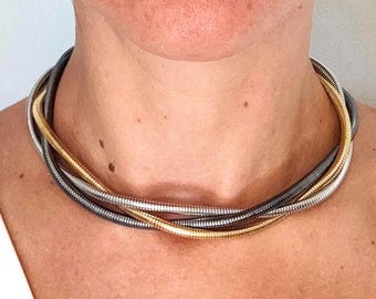 Mixed Metal Snake Chain Choker, Gold Silver Gunmetal Stainless Steel Necklace, Waterproof Tarnish-Resistant Jewelry