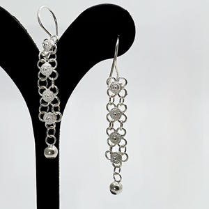 Floral Cascade Sterling Silver Dangle Earrings. Elegant Flower Chain Earrings. Sterling Silver Handmade Drop Earrings.