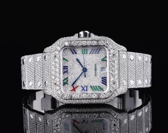 VVS Lab Moissanite Diamonds Watch Fully Iced Out Automatic Hip Hop Fully Icy  Bust Down Luxury Jewelry Handmade Men’s Stainless Steel Watch.