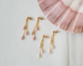 14K Gold Filled Pearl Bridal Earrings: Dangle Chain Design