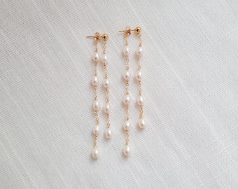 14k Gold Filled Pearl Dangle Earrings: Long Freshwater Pearl Bridal Jewelry