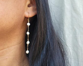 14k Gold Filled Pearl Dangle Earrings: Long Bridal Jewelry