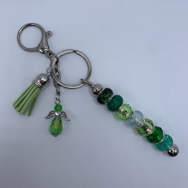 Green Keychain With Green Diamond Angel And Sage Green Tassel