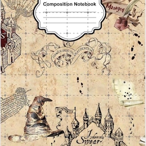 May include: A composition notebook with a beige parchment-style cover featuring black ink illustrations of a castle, a pointed hat, scrolls, and footprints. The text "Composition Notebook" is printed in a central white label with a black border.