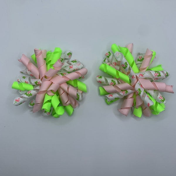 Large Corkscrew Pink Flamingo Lime Green Hair Clips Set Of Two