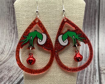 Red Glitter Christmas Grinch Hand Dangle Earrings
