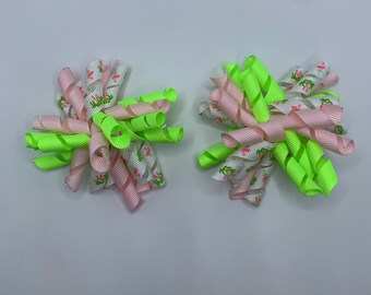 Medium Corkscrew Pink Flamingo Lime Green Hair Clips Set Of Two