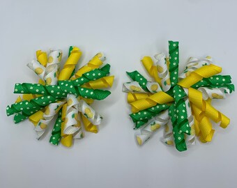 Medium Corkscrew Lemon Yellow & Green Hair Clips Set Of Two