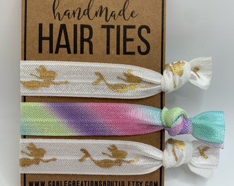 Pastel Rainbow White Gold Mermaid Elastic Hair Ties Set Of 3