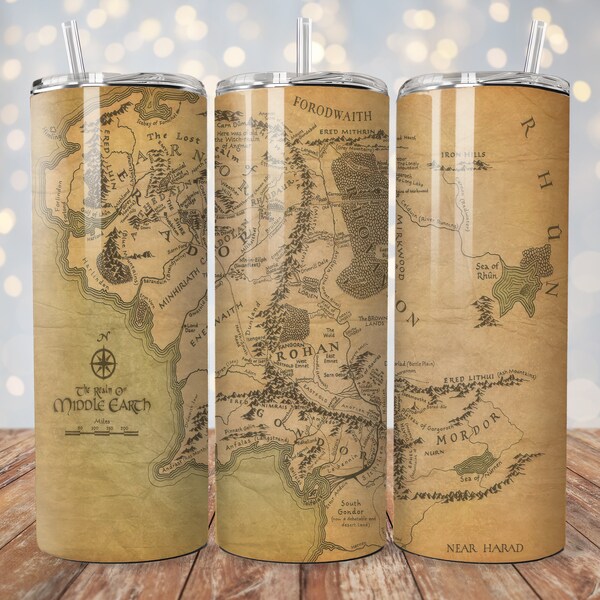 Middle Earth Map Lord of the Rings LotR Hobbit Tumbler Wrap Book PNG Design 20 oz Skinny Tumbler Sublimation Instant Download + Free Designs