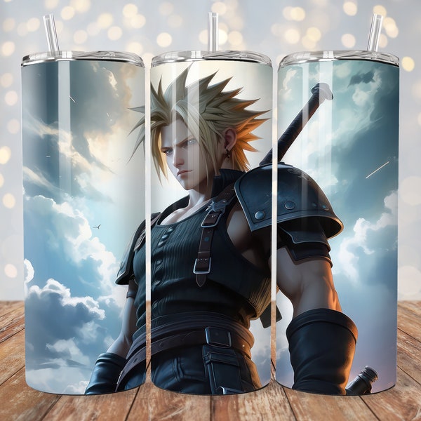 Cloud Strife Final Fantasy VII Illustration 20 oz Straight Skinny Tumbler Wrap Sublimation Design File Digital Download PNG