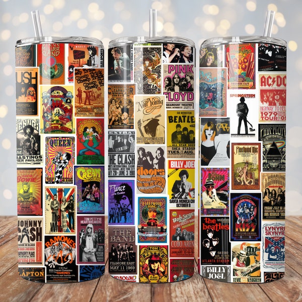 Classic Rock & Roll Concert Posters Tumbler Wrap Design Sublimation 20 oz Tumbler Design Instant Digital Download PNG Printable + Free Bonus