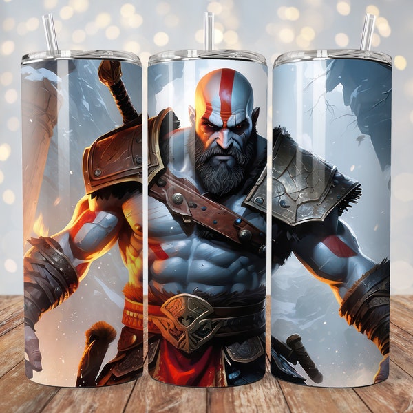 Kratos God Of War Illustration 20 oz Straight Skinny Tumbler Wrap Sublimation Design File Digital Download PNG