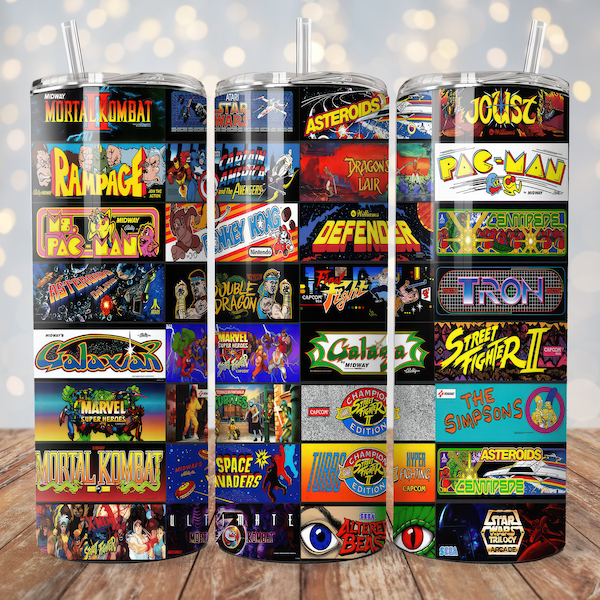 Retro Video Arcade Tumbler Game Marquees 20 oz Tumbler Wrap Sublimation Design Digital Download PNG + Bonus Free Designs