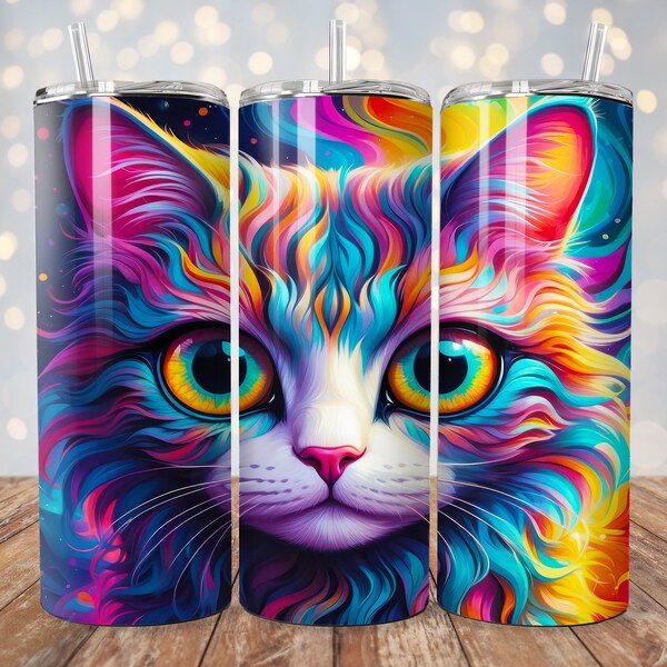 Psychédélique Trippy Kitty Cat 20 oz Straight Skinny Tumbler Wrap Sublimation Design File Digital Instant Download PNG