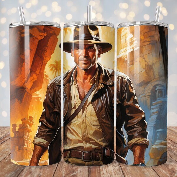 Indiana Jones Illustration 20 oz Tumbler Wrap Sublimation Design - Digital Download PNG