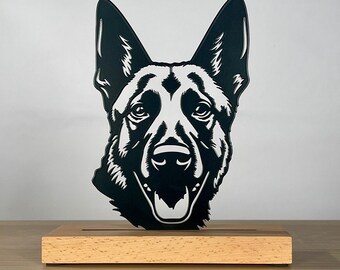 Customizable Metal Dog Portrait Decoration - Malinois Shepherd - Wooden Base - Made in France